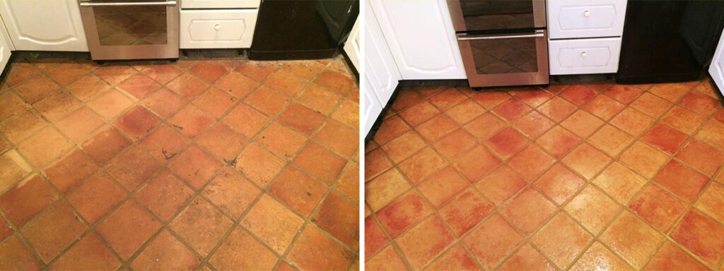 Terracotta Tiled Floor Before and After Sealing in Osbourne St Georges